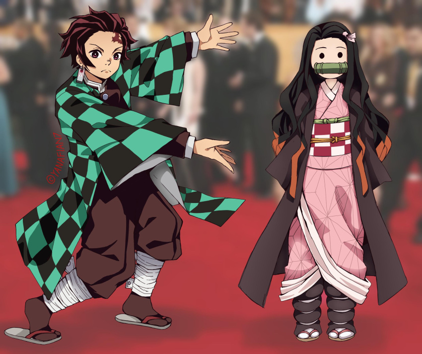 1boy 1girl artist_name asa_no_ha_(pattern) bamboo bangs bit_gag black_eyes black_jacket black_legwear black_pants blurry blurry_background brother_and_sister checkered checkered_obi english_commentary forehead gag hair_ribbon haori highres jacket japanese_clothes kamado_nezuko kamado_tanjirou kimetsu_no_yaiba kimono long_hair meme multicolored_hair obi outstretched_arms pants photo_background pink_kimono pink_ribbon pointing_at_another redhead ribbon sash scar siblings solid_circle_eyes standing twitter_username two-tone_hair very_long_hair wide_sleeves will_smith yanafian zouri