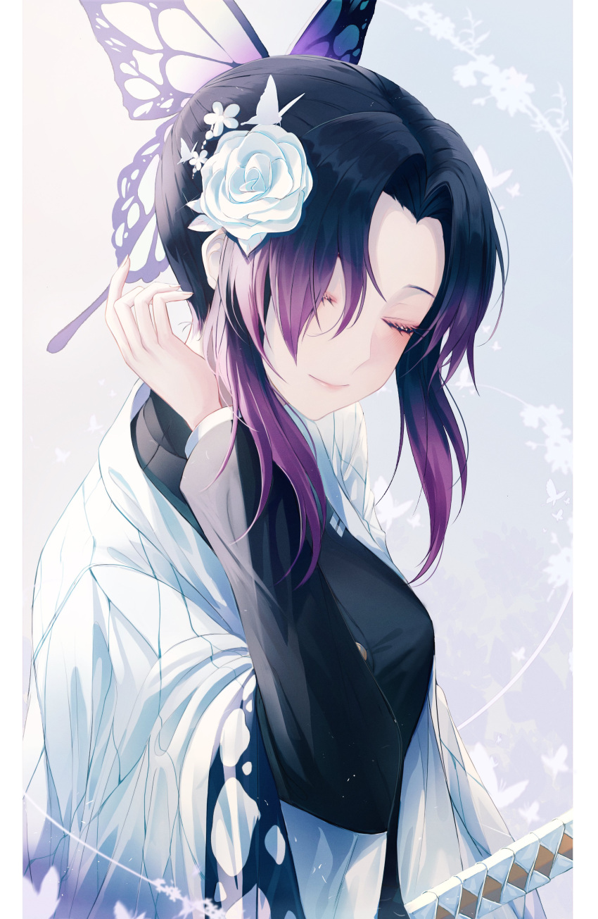 1girl absurdres animal_print blue_butterfly bug butterfly butterfly_hair_ornament butterfly_on_finger butterfly_print closed_eyes flower hair_ornament hair_ribbon haori highres insect japanese_clothes kimetsu_no_yaiba kochou_shinobu long_hair okazu_(eightstudio) purple_butterfly ribbon simple_background solo white_background white_butterfly wisteria