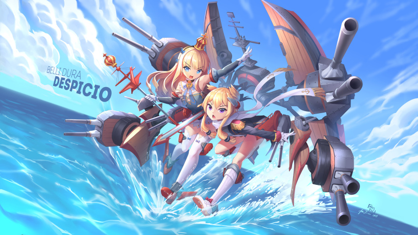 2girls :d :o absurdres anchor_symbol azur_lane bare_shoulders blonde_hair blue_eyes boots cannon cleavage_cutout clouds crown detached_collar dutch_angle epaulettes flat_chest full_body gloves hair_ears hairband highres latin_text mecha_musume mini_crown multiple_girls mystic-san ocean open_mouth queen_elizabeth_(azur_lane) rigging rivets scarf scepter skirt sky smile splashing striped striped_hairband text_focus thigh-highs violet_eyes warspite_(azur_lane) water white_gloves white_scarf