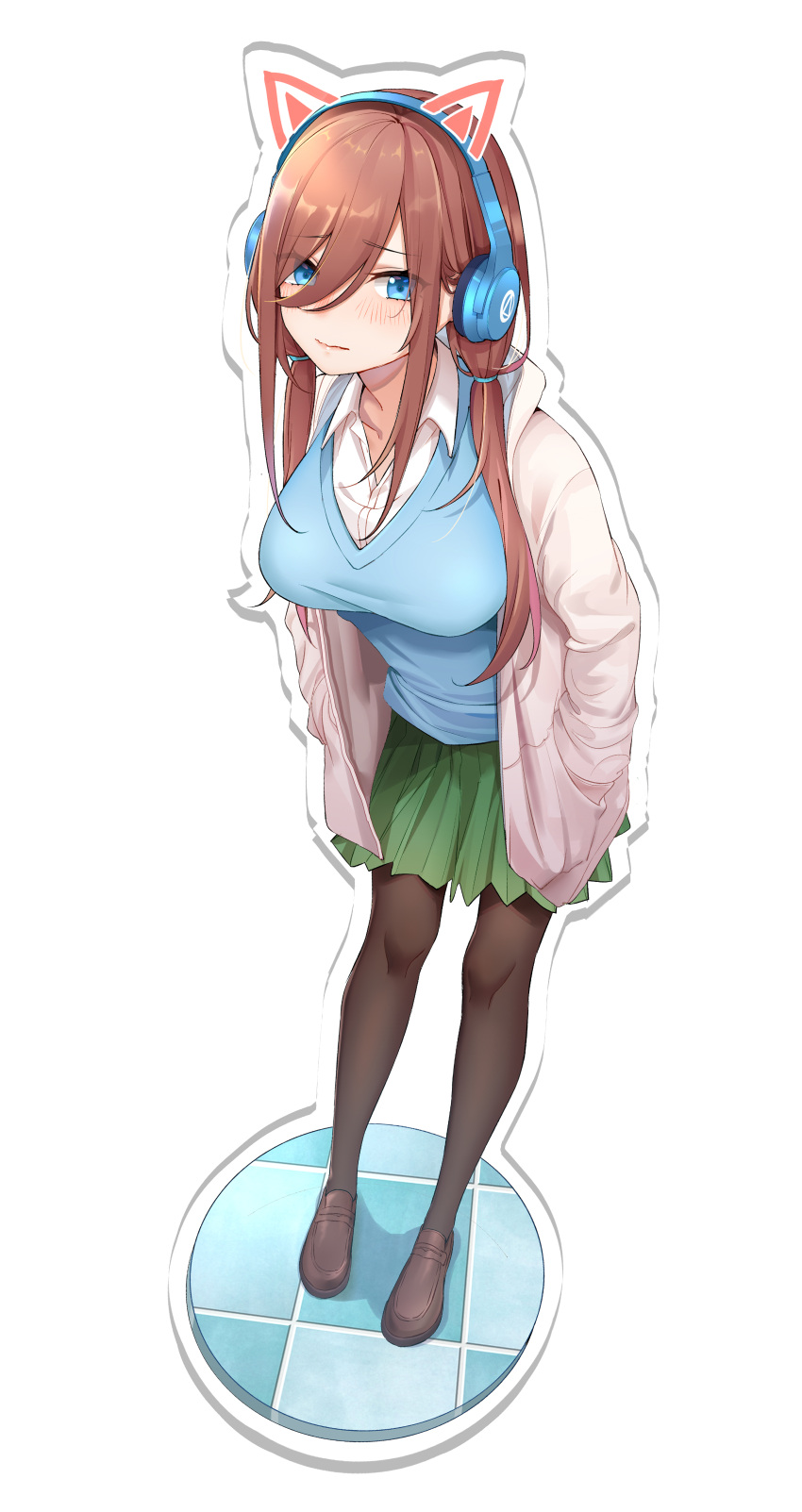 1girl absurdres animal_ears blue_eyes blue_sweater breasts brown_footwear brown_hair brown_legwear closed_mouth collarbone collared_shirt drawn_ears fake_animal_ears frown full_body go-toubun_no_hanayome green_skirt hair_between_eyes hands_in_pockets headphones highres jacket kongbai large_breasts loafers long_hair long_sleeves looking_at_viewer miniskirt nakano_miku open_clothes open_jacket pantyhose pleated_skirt school_uniform shirt shoes sidelocks skirt solo sweater undershirt white_jacket white_shirt