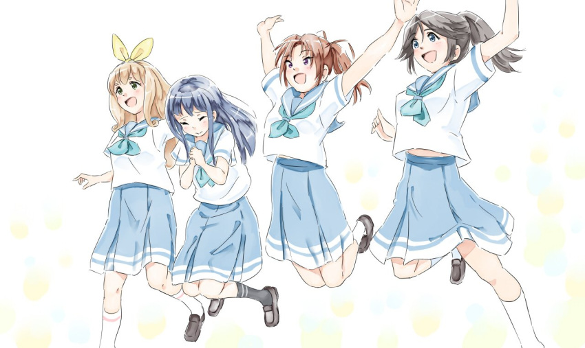 4girls black_hair blue_eyes blue_neckwear blue_sailor_collar blue_skirt brown_hair green_eyes hair_ribbon hibike!_euphonium houming kasaki_nozomi kirara_jump long_hair multiple_girls nakagawa_natsuki neckerchief open_mouth pleated_skirt ponytail ribbon sailor_collar school_uniform serafuku shirt short_sleeves skirt smile violet_eyes white_shirt yellow_ribbon yoroizuka_mizore yoshikawa_yuuko