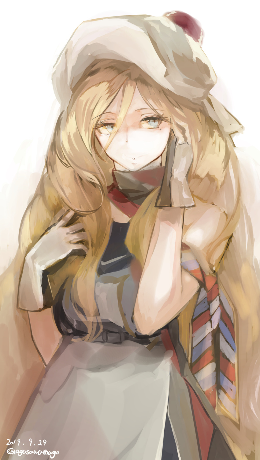 1girl :o bangs bare_shoulders beret blonde_hair blue_eyes breasts dated dress eyebrows_visible_through_hair eyelashes gloves hat highres kantai_collection long_hair mole mole_under_eye multicolored multicolored_clothes multicolored_dress multicolored_gloves multicolored_scarf nagasawa_tougo open_mouth pom_pom_(clothes) richelieu_(kantai_collection) scarf simple_background solo strapless strapless_dress twitter_username white_background white_headwear