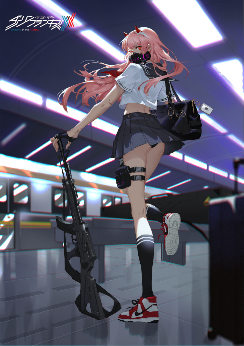 1girl absurdres assault_rifle bag bangs black_panties darling_in_the_franxx fingerless_gloves full_body gas_mask gloves ground_vehicle gun highres holding holding_gun holding_weapon long_hair looking_back mask mechanical_arm midriff necktie panties pantyshot pantyshot_(standing) pink_hair plaid plaid_skirt red_eyes red_horns red_neckwear rifle robot_joints sailor_collar school_uniform shoes short_sleeves skirt sneakers socks solo standing standing_on_one_leg subway subway_station suitcase train underwear weapon zero_two_(darling_in_the_franxx) zhongfeng_lee
