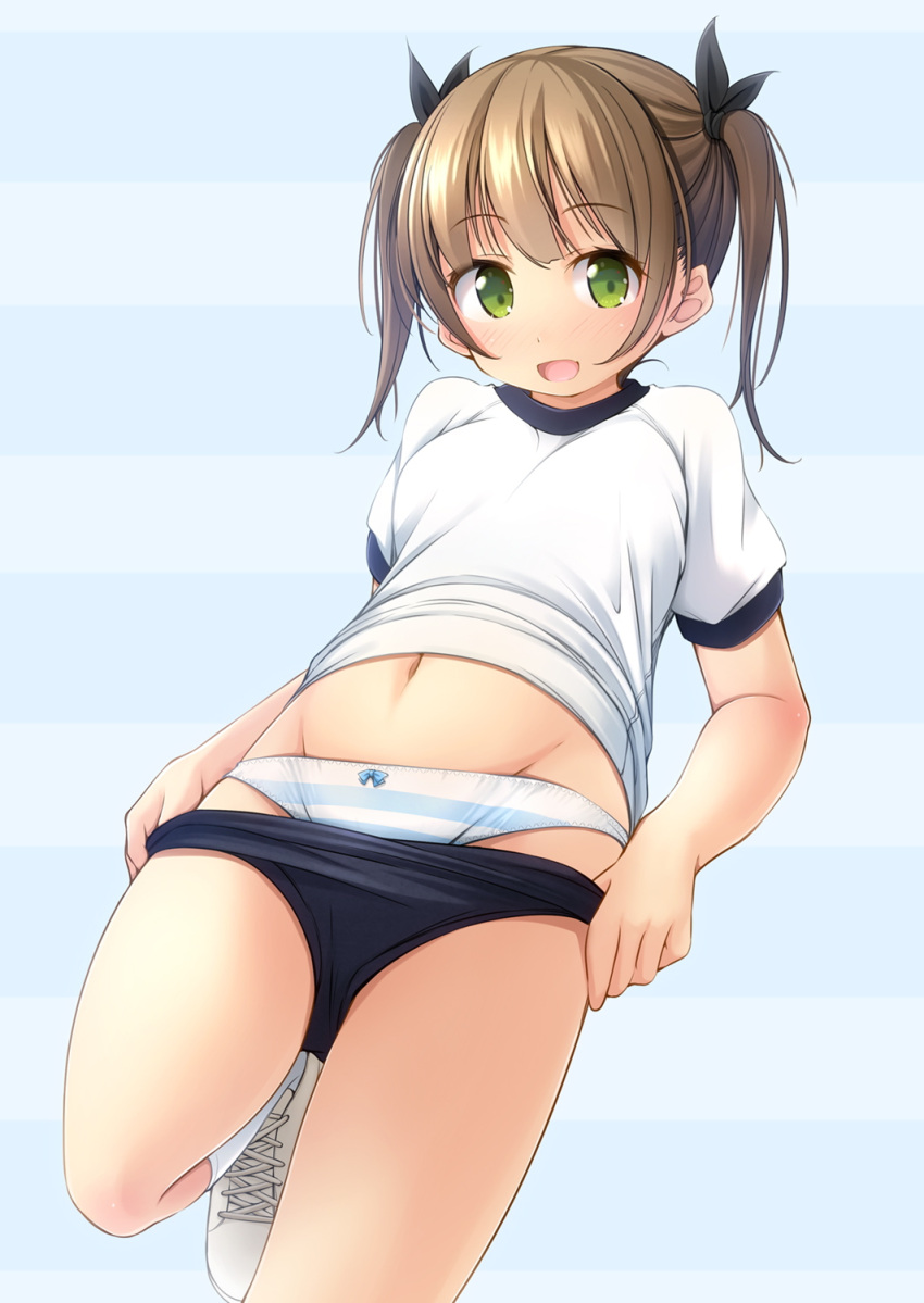 1girl :d bangs black_buruma black_ribbon blue_background blush bow bow_panties breasts brown_hair buruma buruma_pull commentary_request eyebrows_visible_through_hair green_eyes groin gym_shirt gym_uniform hair_ribbon highres kneehighs looking_at_viewer navel open_mouth original panties puffy_short_sleeves puffy_sleeves pulled_by_self ribbon shibacha shirt shoes short_sleeves sidelocks small_breasts smile sneakers solo standing standing_on_one_leg striped striped_background striped_panties twintails underwear white_footwear white_legwear white_shirt