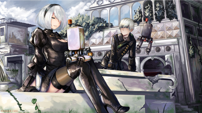 1boy 1girl black_dress black_gloves black_hairband black_legwear blindfold boots breasts choker cleavage_cutout closed_eyes commentary dress eyebrows_visible_through_hair frown gloves hairband juliet_sleeves leotard long_sleeves medium_breasts mole mole_under_mouth nier_(series) nier_automata no_blindfold puffy_sleeves short_hair silver_hair sitting smile takuyarawr thigh-highs white_hair yorha_no._2_type_b yorha_no._9_type_s