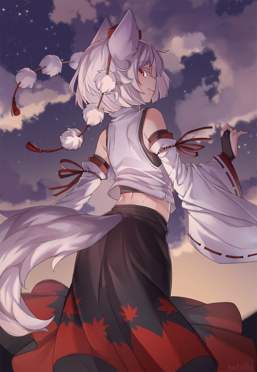 1girl animal_ears artist_name black_shirt bridal_gauntlets clouds colored_eyelashes detached_sleeves from_behind hat highres inubashiri_momiji iwbitu-sa leaf_print light_smile looking_at_viewer looking_back maple_leaf_print midriff pom_pom_(clothes) red_headwear red_ribbon ribbon ribbon-trimmed_sleeves ribbon_trim shirt short_hair skirt sky solo tail tokin_hat touhou watermark white_hair white_shirt wide_sleeves wolf_ears wolf_tail