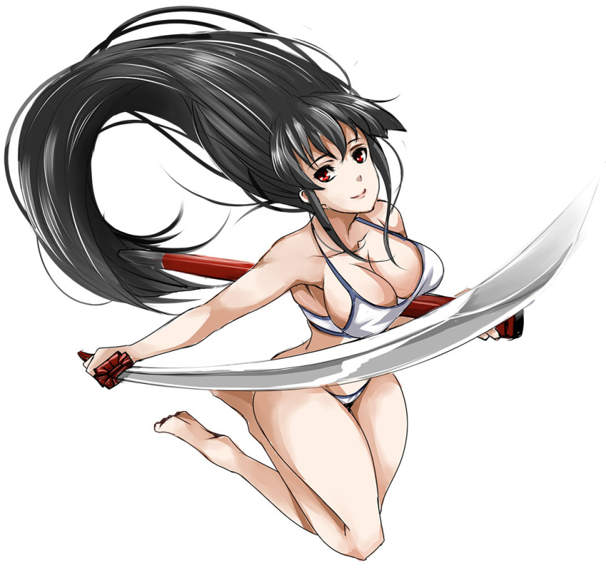 1girl akame akame_ga_kill! artemisumi barefoot bikini black_hair breasts cute floating_hair jpeg_artifacts katana large_breasts long_hair looking_at_viewer parted_lips red_eyes simple_background smile solo square_enix swimsuit sword weapon white_background white_bikini white_fox_(company)