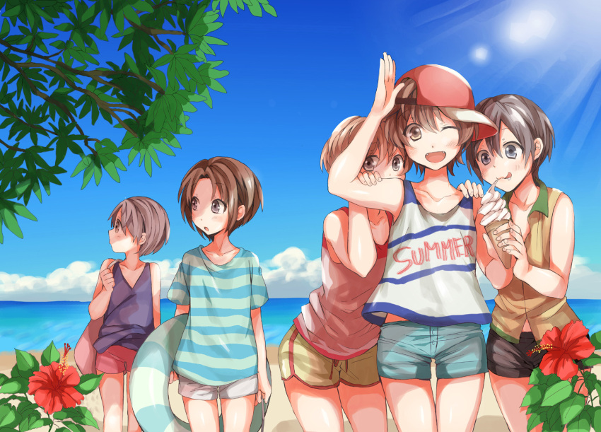 5boys :3 :p baseball_cap beach blue_eyes brown_eyes brown_hair cure1027 day fang fangs flower food hat hibiscus highres ice_cream ice_cream_cone innertube light_brown_hair looking_at_viewer multiple_boys one_eye_closed original outdoors shirt short_shorts shorts soft_serve striped striped_shirt summer tank_top tongue tongue_out water