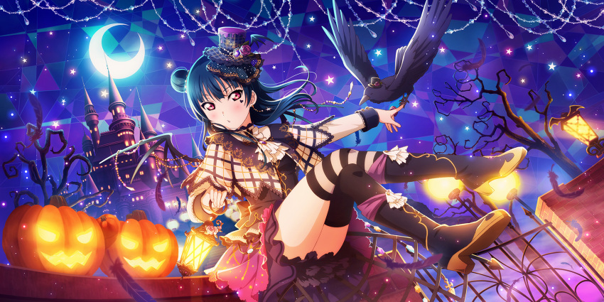 1girl artist_request back_bow bangs bare_tree bird bird_on_hand black_footwear black_legwear blue_hair boots bow capelet castle cravat crescent_moon crow earrings feathers halloween hat heart_tattoo highres holding_lantern jack-o'-lantern jewelry knee_boots lantern long_sleeves looking_at_viewer love_live! love_live!_school_idol_festival_all_stars love_live!_sunshine!! mini_hat mini_top_hat mismatched_legwear moon night official_art one_side_up parted_lips red_eyes striped striped_legwear tattoo thigh-highs top_hat tree tsushima_yoshiko zettai_ryouiki