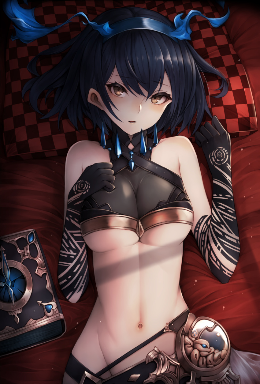 1girl alice_(sinoalice) bare_shoulders blue_hair book breasts brown_eyes checkered crop_top groin hands_up headband highres inaba_sunimi looking_at_viewer lying medium_breasts midriff navel on_back parted_lips pillow revealing_clothes short_hair sinoalice sleeveless solo stomach under_boob upper_body