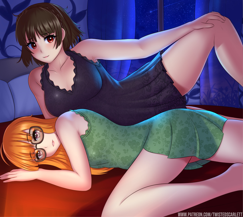 2girls absurdres bangs bare_arms bare_legs bare_shoulders black_dress black_hair blunt_bangs braid brown_eyes collarbone commentary curtains dress english_commentary eyebrows_visible_through_hair glasses green_dress hand_on_own_knee highres indoors long_hair looking_at_viewer lying multiple_girls night niijima_makoto on_bed on_side on_stomach orange_hair parted_lips patreon_username persona persona_5 red_eyes sakura_futaba short_hair sleeveless sleeveless_dress smile twistedscarlett60 watermark web_address window