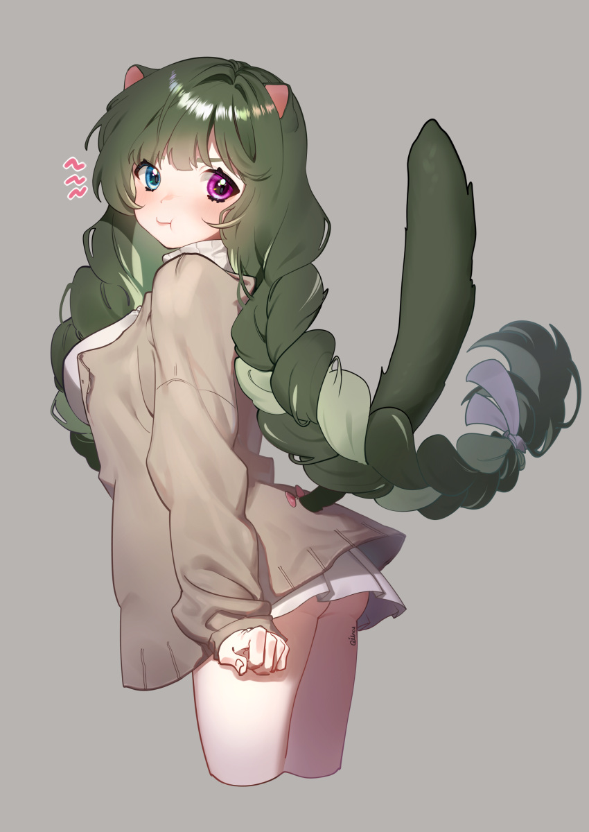 1girl :i absurdres animal_ears ass bangs blue_eyes blush braid breasts brown_background brown_jacket closed_mouth cropped_legs eyebrows_visible_through_hair green_hair hair_ribbon heterochromia highres jacket long_hair long_sleeves looking_at_viewer looking_to_the_side medium_breasts open_clothes open_jacket original pleated_skirt pout ribbon rubyaano_(ducl323) signature simple_background skirt sleeves_past_wrists solo sweater tail tail_raised turtleneck turtleneck_sweater twin_braids twintails very_long_hair violet_eyes white_ribbon white_skirt white_sweater