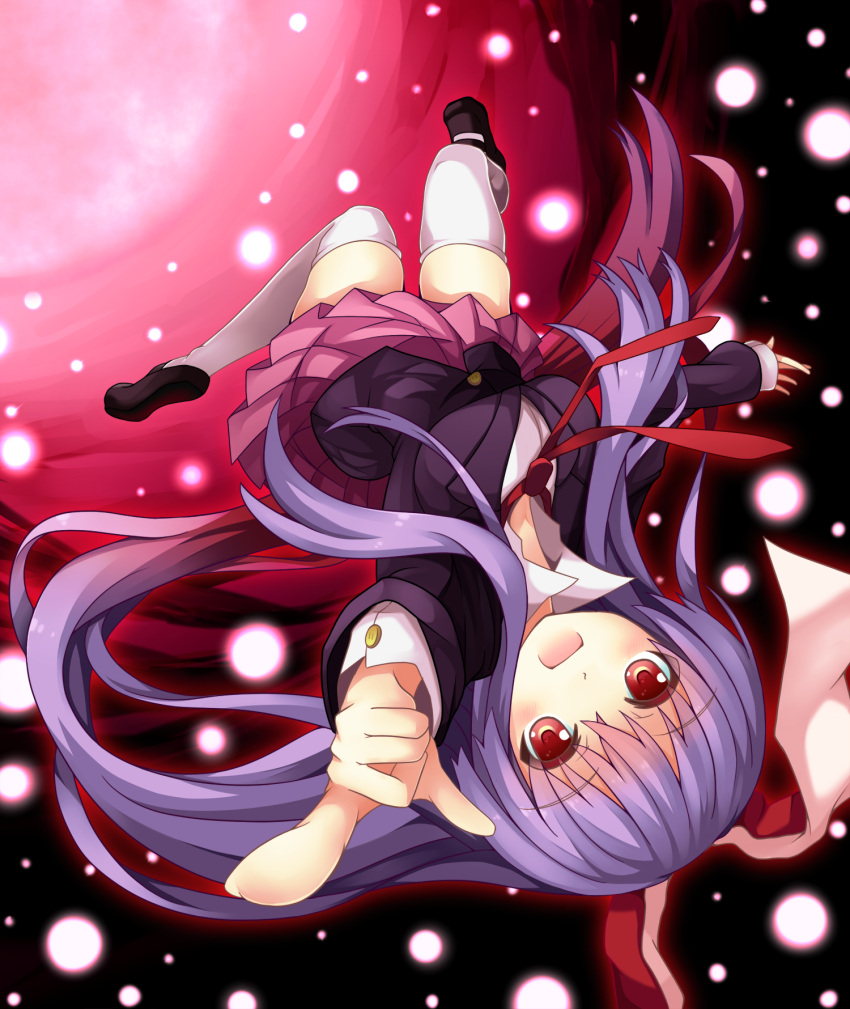 1girl animal_ears black_background black_jacket commentary_request danmaku highres hototogisu_(hot_to_gis) jacket long_hair necktie open_mouth pink_skirt purple_hair rabbit_ears red_eyes red_necktie reisen_udongein_inaba shirt shoes simple_background skirt socks solo touhou upside-down white_shirt white_socks