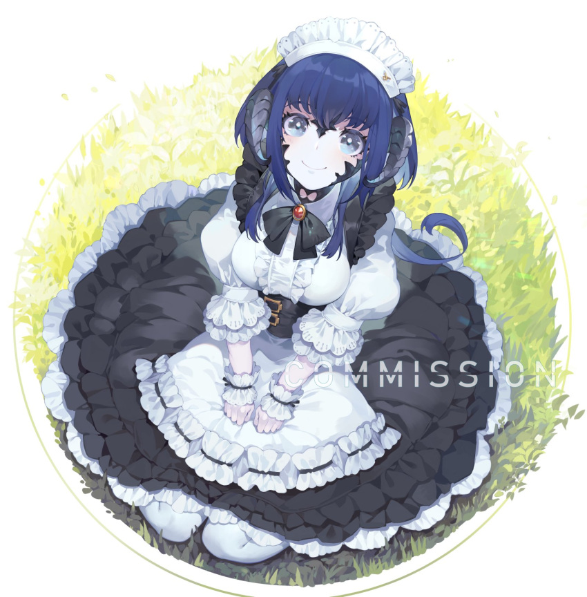 1girl akizone apron bangs black_dress blue_eyes blue_hair breasts commentary commission dress english_commentary final_fantasy final_fantasy_xiv frills from_above gloves highres horns large_breasts looking_at_viewer maid_dress maid_headdress original puffy_sleeves sitting smile solo white_apron white_gloves white_legwear