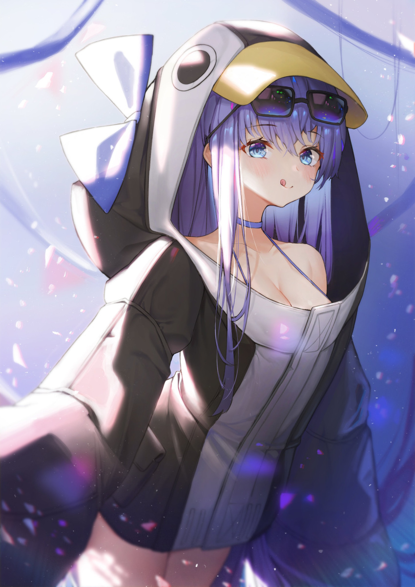 1girl absurdres animal_hood backlighting bangs bare_shoulders black_jacket blue_bow blue_eyes bow breasts choker closed_mouth collarbone eyewear_on_head fate/grand_order fate_(series) goowonjoon hair_between_eyes highres hood jacket licking_lips long_hair long_sleeves looking_at_viewer meltryllis meltryllis_(swimsuit_lancer)_(fate) penguin_hood purple_hair sleeves_past_fingers sleeves_past_wrists small_breasts smile solo sunglasses thighs tongue tongue_out very_long_hair