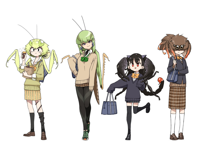 4girls bag black_hair black_legwear brown_hair bug eating evolvingmonkey extra_eyes food full_body grasshopper grasshopper_inoue green_hair highres insect insect_girl kneehighs leggings long_skirt mantis_akiyama monster_girl multiple_girls original parasite plaid plaid_skirt praying_mantis red_eyes school_bag school_uniform scorpion scorpion_girl scorpion_tsuchida skirt sleeves_past_wrists spider spider_girl spider_itou standing standing_on_one_leg sweet_potato thigh-highs white_background white_legwear worms yakiimo zettai_ryouiki