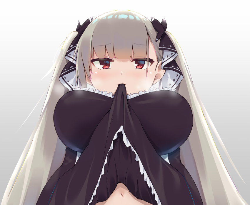 1girl azur_lane bangs black_dress blush breasts bushinofuji dress dress_in_mouth eyebrows_visible_through_hair formidable_(azur_lane) frilled_dress frills from_below grey_hair hair_ribbon highres large_breasts lifted_by_self long_hair long_sleeves looking_at_viewer mouth_hold red_eyes ribbon solo twintails upper_body very_long_hair