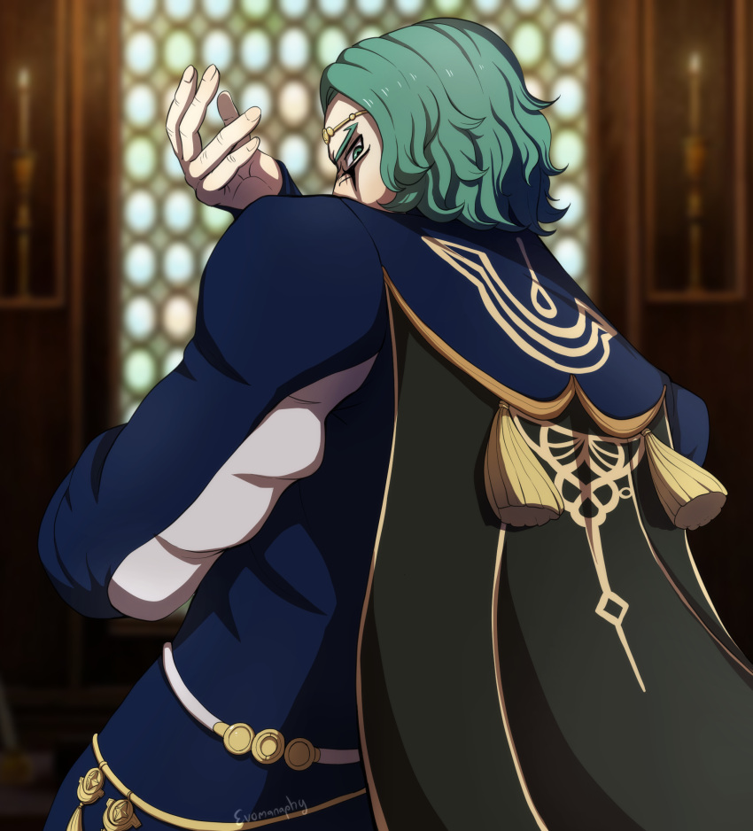 1boy artist_name black_cape candle cape dio_brando evomanaphy fire_emblem fire_emblem:_three_houses garreg_mach_monastery_uniform green_eyes green_hair hand_up hands_up highres indoors jojo_no_kimyou_na_bouken koyasu_takehito looking_back male_focus pose seiyuu_connection seteth_(fire_emblem) standing tassel window