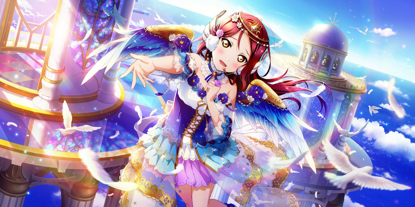 1girl angel angel_wings artist_request bird blue_flower blue_sky circlet corset detached_collar dove dress earmuffs flower frilled_dress frilled_sleeves frills hand_on_own_chest headset highres horizon long_hair love_live! love_live!_school_idol_festival_all_stars love_live!_sunshine!! off-shoulder_dress off_shoulder official_art outdoors outstretched_arm redhead sakurauchi_riko sky solo wings yellow_eyes