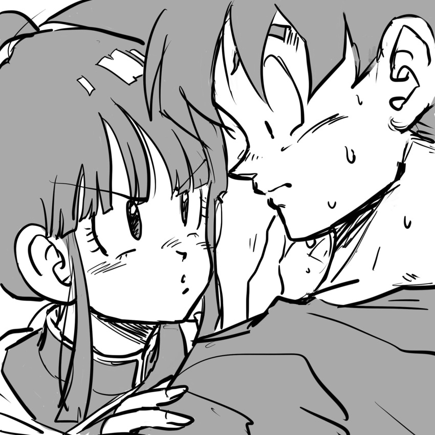 1boy 1girl bangs black_eyes black_hair chi-chi_(dragon_ball) chinese_clothes close-up commentary_request couple dragon_ball dragon_ball_z eye_contact eyebrows_visible_through_hair eyelashes face facing_away fingernails frown greyscale hair_bun hand_on_another's_cheek hand_on_another's_face hand_on_another's_shoulder height_difference hetero highres looking_at_another looking_down monochrome nervous parted_lips profile shiny shiny_hair simple_background son_gokuu spiky_hair sweat sweatdrop tkgsize upper_body v-shaped_eyebrows white_background