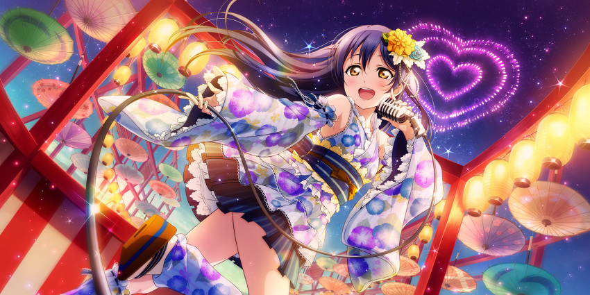 1girl aerial_fireworks artist_request bangs bare_shoulders blue_hair blush detached_sleeves festival fireworks floral_print flower frilled_sleeves frills hair_flower hair_ornament heart highres holding holding_microphone japanese_clothes lantern long_hair looking_at_viewer love_live! love_live!_school_idol_festival love_live!_school_idol_festival_all_stars love_live!_school_idol_project microphone music night obi official_art oriental_umbrella outdoors paper_lantern pleated_skirt sandals sash singing skirt smile solo sonoda_umi summer_festival umbrella wide_sleeves yellow_eyes