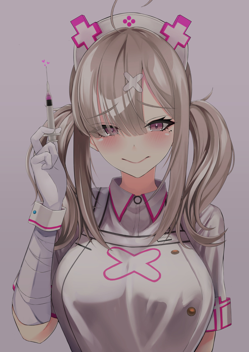 1girl absurdres ahoge aphrodisiac apron bangs blush breasts buttons closed_mouth dress gloves grey_background hair_ornament hair_over_one_eye hat heart highres holding holding_syringe large_breasts long_hair looking_at_viewer mole mole_under_eye nijisanji nurse nurse_cap short_sleeves silver_hair simple_background smile solo sukoya_kana syringe toshise. twintails violet_eyes virtual_youtuber white_apron white_dress white_gloves wrist_cuffs x_hair_ornament