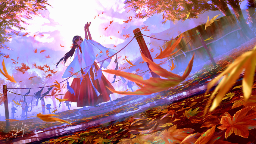 1girl arms_up autumn autumn_leaves backlighting black_hair bow commentary_request day dutch_angle falling_leaves full_body goroku green_eyes hair_bow hakama highres japanese_clothes kimono leaf long_hair long_sleeves maple_leaf miko motion_blur open_mouth original outdoors puddle red_bow red_hakama rope signature solo standing stone_lantern tree white_kimono wide_sleeves