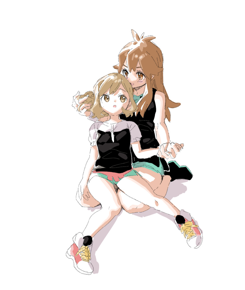 2girls ankea_(a-ramo-do) ayumi_(pokemon) bare_arms black_dress blue_(pokemon) blush brown_eyes brown_hair dress full_body hair_between_eyes hand_in_another's_hair highres long_hair multiple_girls open_mouth pokemon pokemon_(game) pokemon_lgpe pokemon_trainer puffy_short_sleeves puffy_sleeves seiza shoes short_sleeves sidelocks simple_background sitting sitting_on_lap sitting_on_person smile white_background wrist_grab yuri