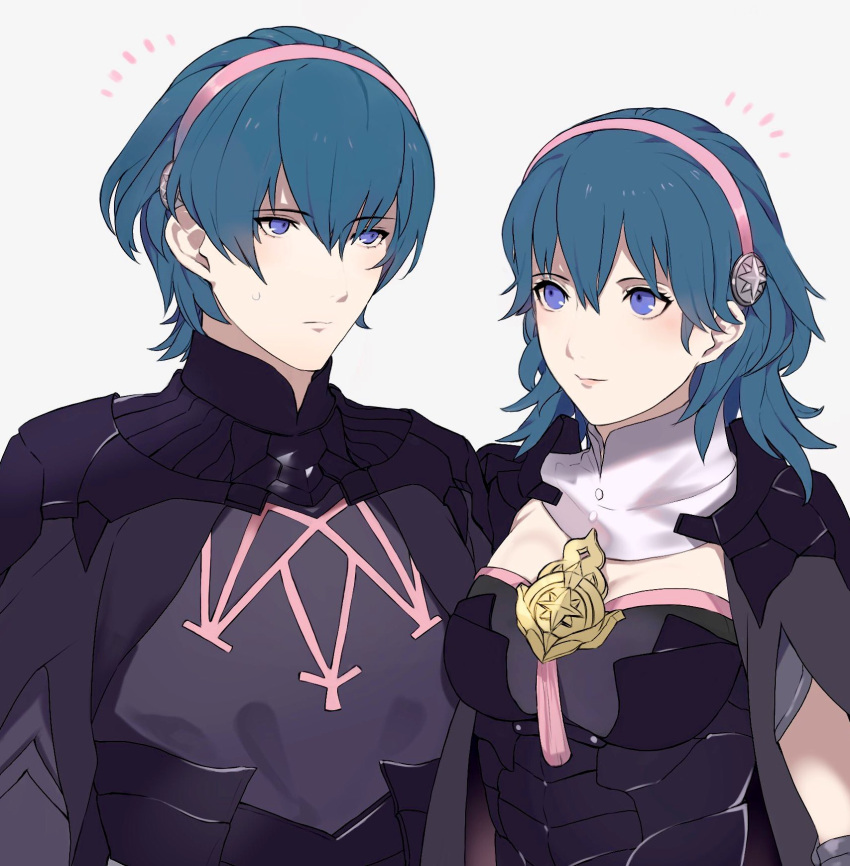 1boy 1girl armor ayushiba_pokefe black_armor blue_eyes blue_hair brother_and_sister byleth_(fire_emblem) byleth_eisner_(female) byleth_eisner_(male) closed_mouth cute diblings female_my_unit_(fire_emblem:_three_houses) fire_emblem fire_emblem:_three_houses fire_emblem:_three_houses hairband highres intelligent_systems koei_tecmo male_my_unit_(fire_emblem:_three_houses) medium_hair my_unit_(fire_emblem:_three_houses) nintendo pink_hairband short_hair siblings simple_background smile super_smash_bros. upper_body white_background