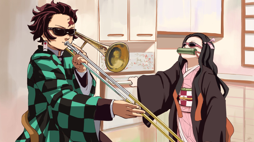 1boy 1girl asa_no_ha_(pattern) bamboo bit_gag checkered checkered_obi commentary english_commentary forehead_scar gag hair_slicked_back haori highres instrument japanese_clothes justin_leyva_(steamy_tomato) kamado_nezuko kamado_tanjirou kimetsu_no_yaiba kimono kitchen music obi pink_kimono pink_ribbon playing_instrument ribbon sash sunglasses trumpet when_mama_isn't_home