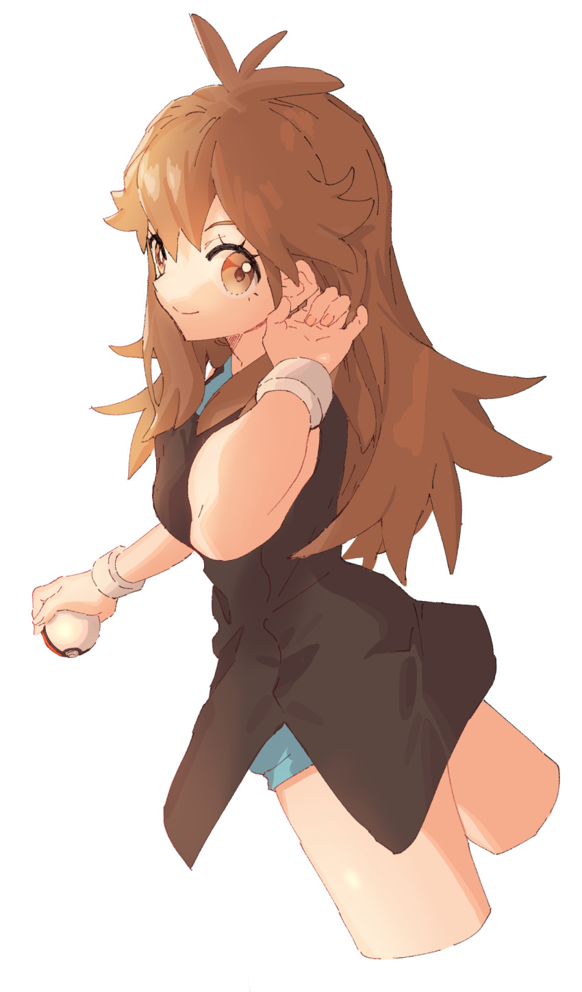 1girl ankea_(a-ramo-do) arm_up bangs black_dress blue_(pokemon) blue_shorts breasts brown_eyes brown_hair closed_mouth cropped_legs dress from_behind happy highres holding holding_poke_ball long_hair looking_at_viewer looking_back medium_breasts poke_ball poke_ball_(generic) pokemon pokemon_(game) pokemon_lgpe short_dress short_shorts shorts simple_background smile solo standing white_background wristband