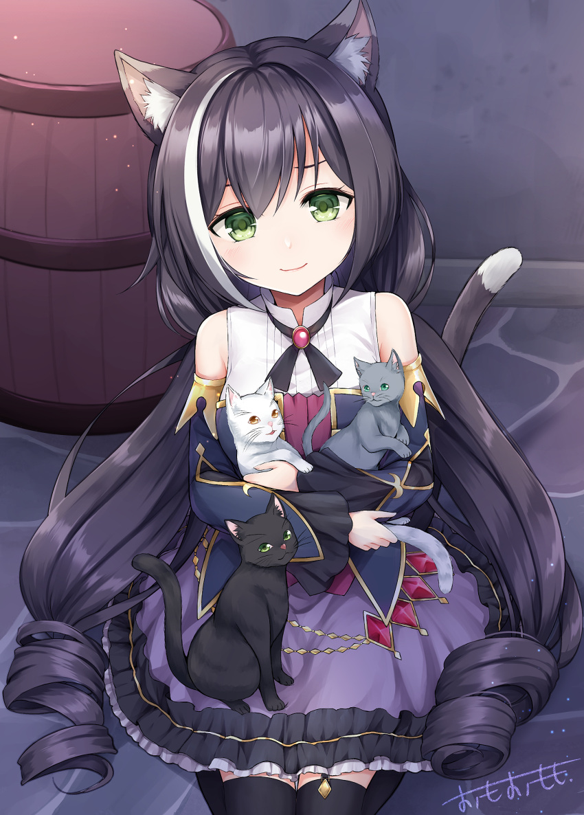 1girl animal animal_ear_fluff animal_ears bare_shoulders barrel black_hair black_legwear carrying cat cat_ears cat_girl cat_tail commentary_request detached_sleeves drill_hair garter_straps highres kyaru_(princess_connect) long_hair long_sleeves looking_at_viewer multicolored_hair omoomomo on_floor princess_connect! princess_connect!_re:dive seiza shirt sitting skirt smile solo streaked_hair tail thigh-highs twin_drills very_long_hair white_hair