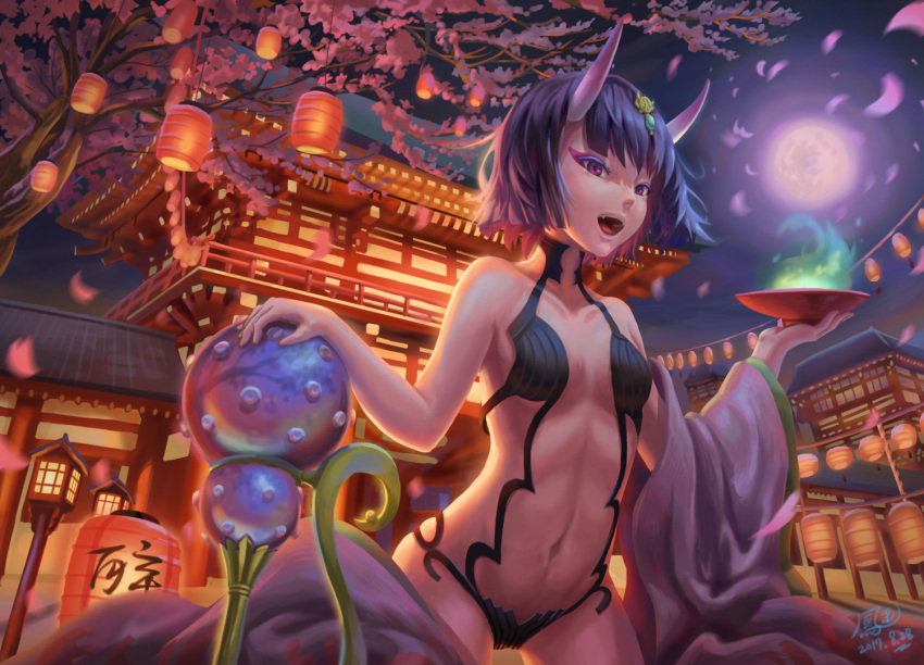 1girl bangs bare_shoulders breasts commentary_request cup fate/grand_order fate_(series) ho-oh_(artist) horns japanese_clothes kimono lamp looking_at_viewer moon navel night oni oni_horns open_mouth outdoors purple_hair short_hair shuten_douji_(fate/grand_order) small_breasts smile solo tree violet_eyes