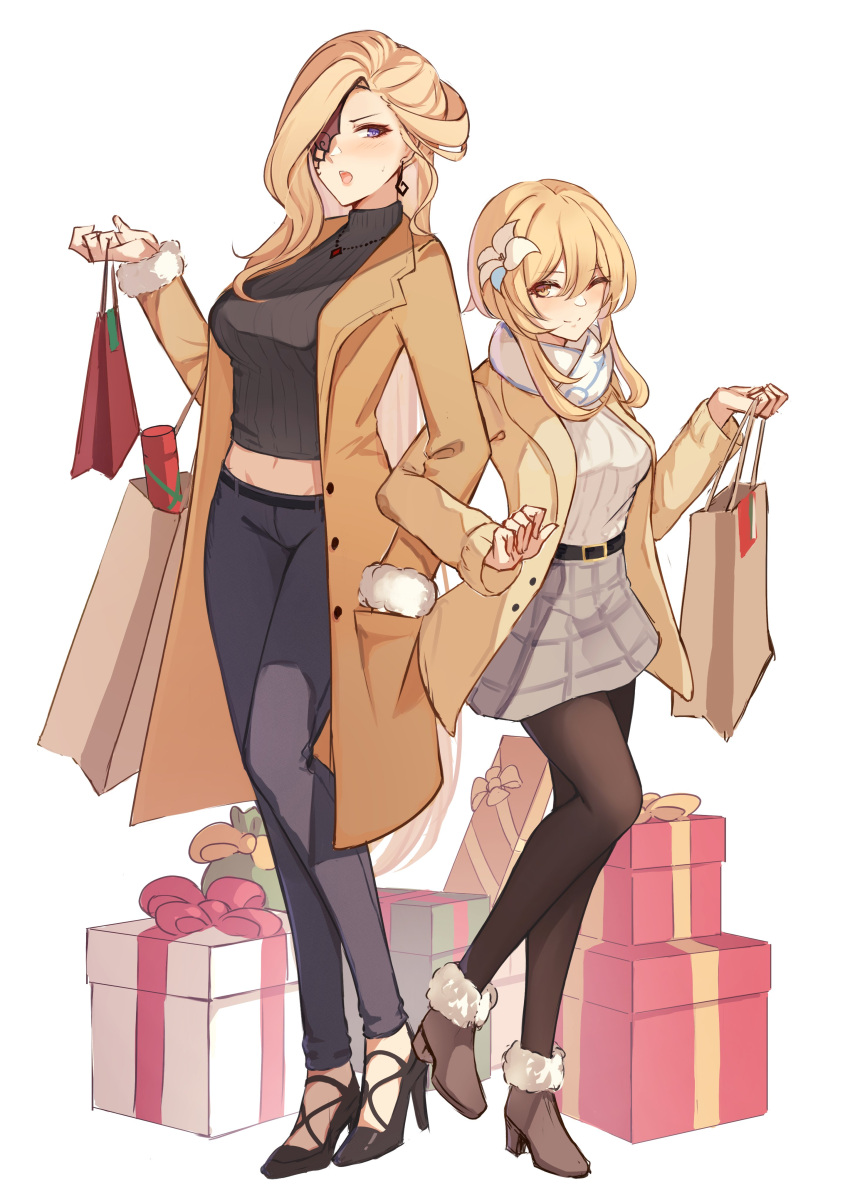 2girls absurdres alternate_costume bag beige_coat belt black_footwear black_legwear black_mask black_sweater blonde_hair boots box breasts brown_footwear closed_mouth coat dangle_earrings earrings fishnet_gloves fishnets flower full_body genshin_impact gift gift_box gloves hair_flower hair_ornament half_mask hand_in_pocket high_heel_boots high_heels highres jewelry lace-trimmed_eyepatch large_breasts locked_arms looking_to_the_side lumine_(genshin_impact) mask mask_over_one_eye medium_breasts medium_hair midriff miniskirt multiple_girls necklace one_eye_closed one_eye_covered open_clothes open_coat pants pantyhose pnatsu ribbed_sweater scarf shopping shopping_bag short_hair_with_long_locks signora_(genshin_impact) skirt smile standing sweater violet_eyes white_flower yellow_eyes