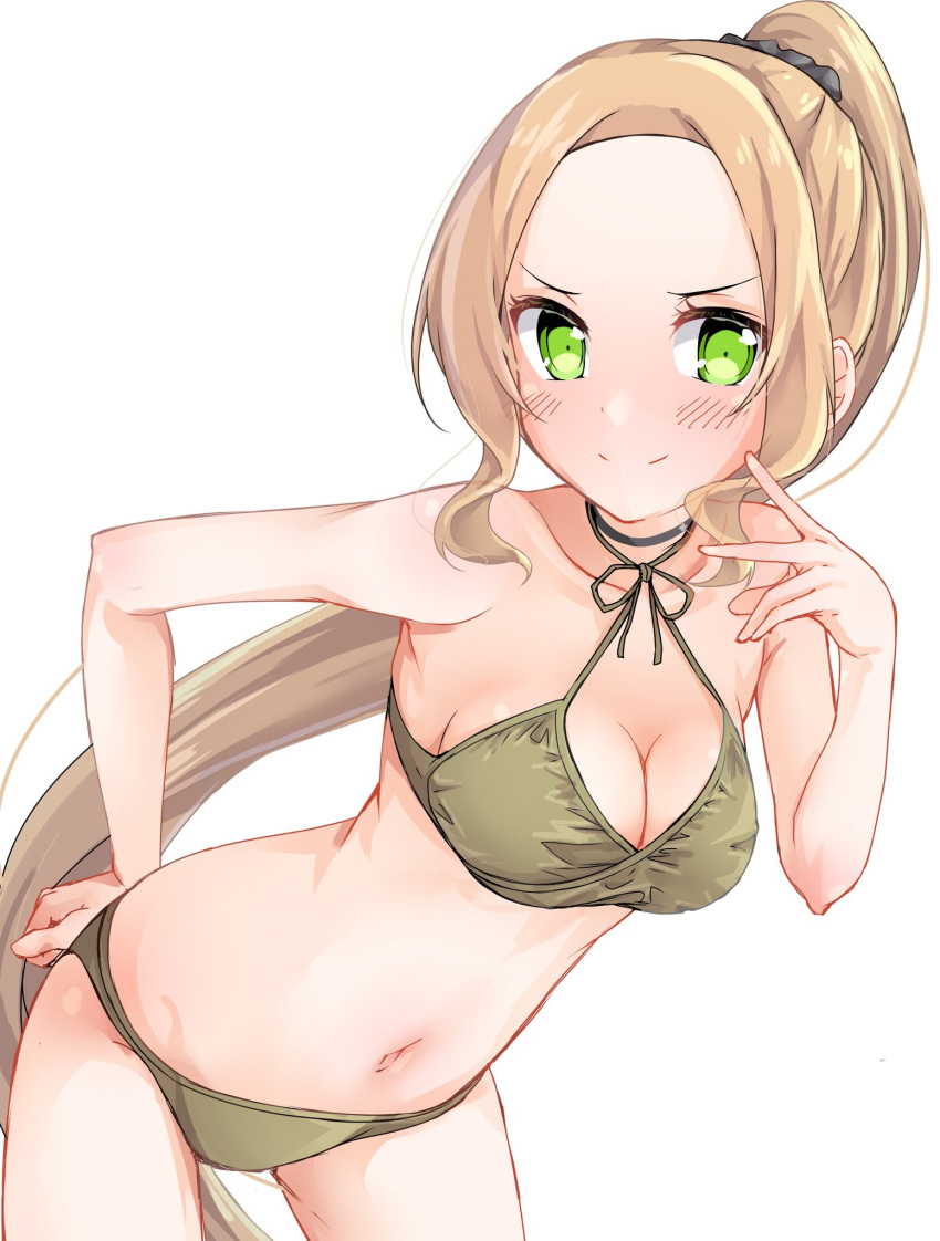 1girl alternate_hairstyle bikini blonde_hair blush breasts choker closed_mouth collarbone criss-cross_halter green_bikini green_eyes hair_ornament hair_scrunchie halterneck high_ponytail highres inubouzaki_fuu large_breasts leaning_forward long_hair looking_at_viewer rits_(apud8788) scrunchie simple_background smile solo swimsuit v-shaped_eyebrows very_long_hair white_background yuuki_yuuna_wa_yuusha_de_aru yuusha_de_aru