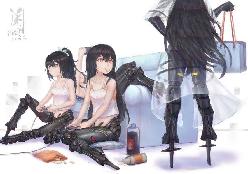 4girls absurdres artist_request black_hair breasts chips controller couch cushion drink food food_in_mouth girls_frontline hair_ornament handheld_game_console highres isomer_(girls_frontline) long_hair looking_at_another mechanical_legs multiple_girls nyto_iso_(girls_frontline) ponytail red_eyes sitting small_breasts snack tank_top transparent_jacket wariza