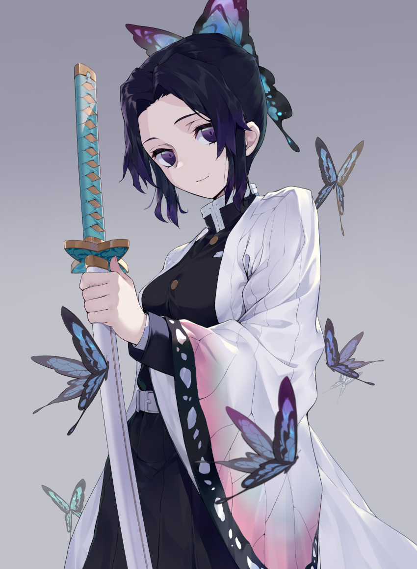 1girl absurdres black_eyes black_hair bug butterfly butterfly_hair_ornament grey_background hair_ornament haori highres holding holding_sword holding_weapon insect japanese_clothes kimetsu_no_yaiba kochou_shinobu looking_at_viewer sidelocks simple_background smile solo sword uniform unsheathed virtu.al weapon