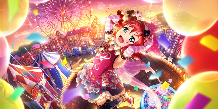 1girl aircraft aqua_eyes artist_request balloon bangs boots bow braid bunny_pose candy circus collar elbow_gloves ferris_wheel fingerless_gloves food frilled_collar frilled_skirt frills garter_straps gloves hair_bow hand_puppet hat highres hot_air_balloon kurosawa_ruby leaning_back looking_at_viewer love_live! love_live!_school_idol_festival_all_stars love_live!_sunshine!! official_art open_mouth pink_headwear polka_dot polka_dot_hat puppet redhead skirt smile solo standing standing_on_one_leg striped striped_gloves sunset tent thigh-highs zettai_ryouiki