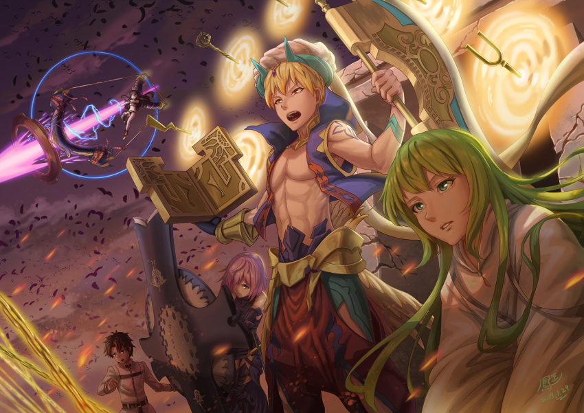 1other 2boys 2girls armor bare_shoulders bird black_hair blonde_hair blue_jacket commentary_request enkidu_(fate/strange_fake) eyebrows_visible_through_hair fate_(series) fujimaru_ritsuka_(male) gilgamesh gilgamesh_(caster)_(fate) green_eyes green_hair hair_between_eyes hat highres ho-oh_(artist) holding_shield ishtar_(fate/grand_order) jacket long_hair long_sleeves magic mash_kyrielight multiple_boys multiple_girls open_mouth red_eyes shield short_hair sleeveless sleeveless_jacket tattoo violet_eyes white_headwear white_jacket