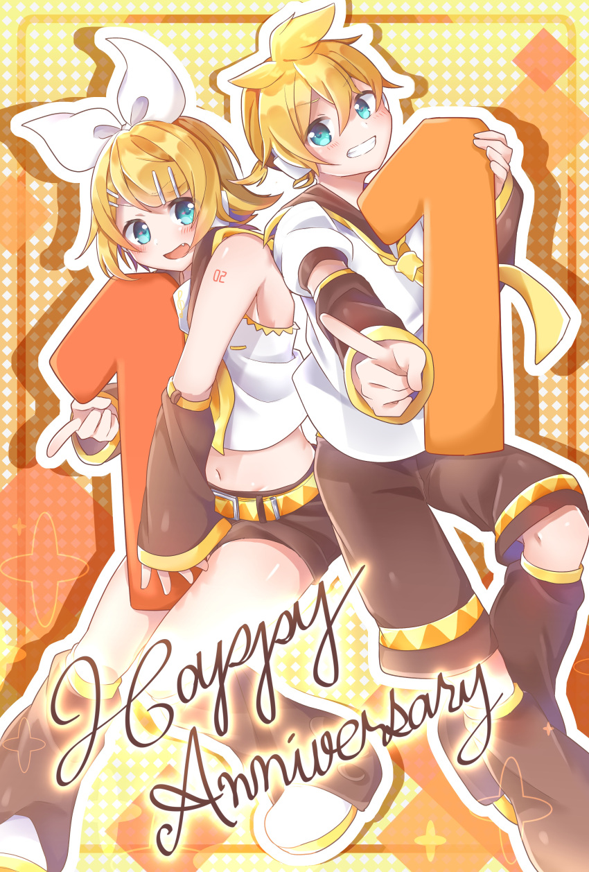 1boy 1girl absurdres anniversary arm_warmers bangs bare_shoulders black_collar black_legwear black_shorts blonde_hair blue_eyes bow brother_and_sister collar commentary crop_top full_body hair_bow hair_ornament hairclip headphones highres holding index_finger_raised kagamine_len kagamine_rin leg_warmers midriff navel neckerchief necktie number object_hug sailor_collar school_uniform shirt shoes short_hair short_ponytail short_sleeves shorts shoulder_tattoo siblings side-by-side spiky_hair swept_bangs tatibanamarin tattoo twins vocaloid white_bow white_footwear white_shirt yellow_neckwear