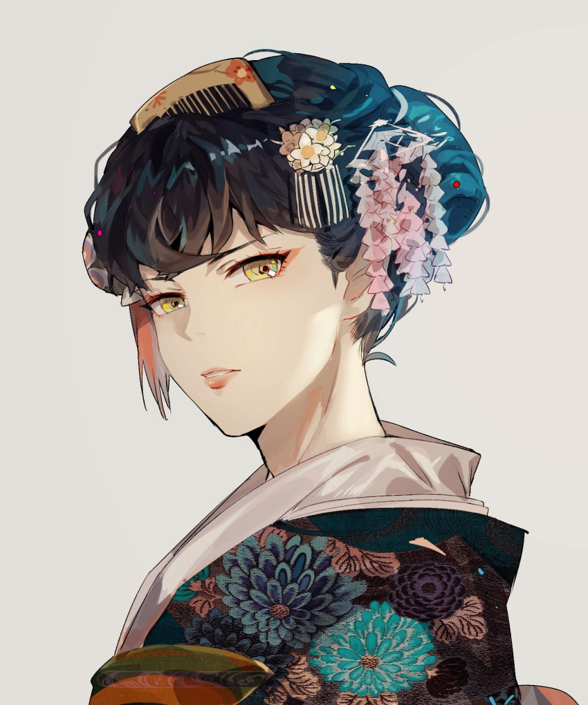 1boy androgynous black_hair bokuken comb crossdressinging green_eyes hair_ornament hair_ornament_request hashibira_inosuke highres japanese_clothes kanzashi kimetsu_no_yaiba kimono lips looking_at_viewer male_focus solo teeth tsumami_kanzashi