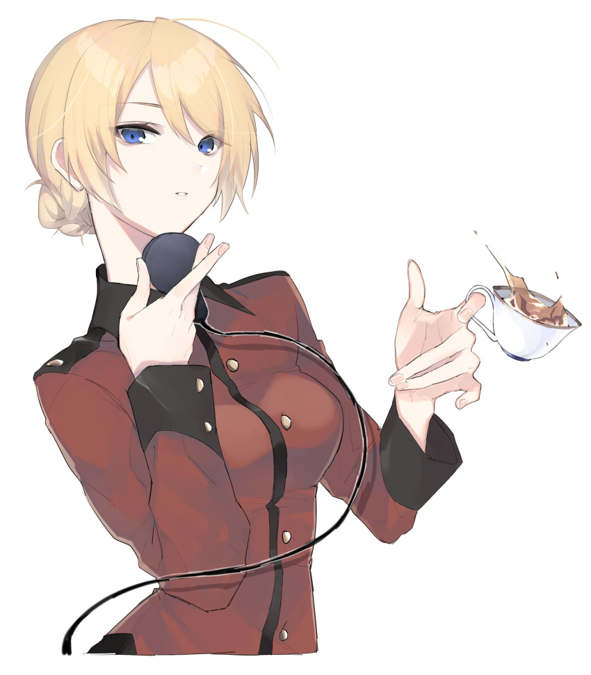 1girl absurdres bangs blonde_hair blue_eyes braid cowboy_shot cup darjeeling epaulettes girls_und_panzer half-closed_eyes highres holding holding_cup jacket long_sleeves looking_at_viewer military military_uniform parted_lips radio re_(scd6) red_jacket short_hair simple_background solo spilling st._gloriana's_military_uniform standing tea teacup tied_hair uniform white_background