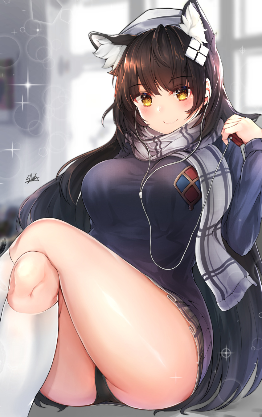 1girl absurdres alternate_costume animal_ears bangs black_hair blue_sweater blush breasts cat_ears closed_mouth crossed_legs earphones eyebrows_visible_through_hair girls_frontline grey_scarf hair_ornament hat highres hiromaster_sinta_jh holding kneehighs large_breasts long_hair looking_at_viewer media_player plaid plaid_skirt pleated_skirt qbz-95_(girls_frontline) scarf school_uniform sidelocks signature sitting skirt smile solo sweater thighs very_long_hair white_headwear white_legwear yellow_eyes