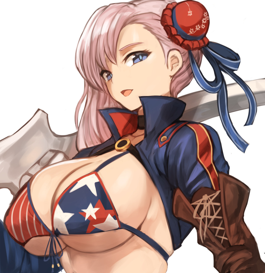 1girl american_flag_bikini asymmetrical_hair bangs bikini blue_eyes breasts brown_gloves bun_cover commentary elbow_gloves fate_(series) flag_print front-tie_bikini front-tie_top gloves gunblade hair_bun highres korean_commentary large_breasts looking_at_viewer miyamoto_musashi_(fate/grand_order) miyamoto_musashi_(swimsuit_berserker)_(fate) multi-strapped_bikini parted_lips pink_hair print_swimsuit shrug_(clothing) single_elbow_glove single_sidelock skindentation solo sookmo swept_bangs swimsuit upper_body weapon