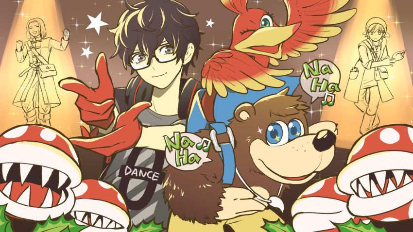 1girl 4boys 4others a-1_pictures amamiya_ren animal atlus backpack bag banjo-kazooie banjo_(banjo-kazooie) banjo_to_kazooie_no_daibouken bear bird bird_studio black_hair blue_eyes blush brown_hair commentary_request cropped_sweater dancing dragon_quest dragon_quest_viii dragon_quest_xi eight_(dragon_quest) feathers flower_pot furonyan glasses gloves green_eyes hat hero_(dq11) hero_(dq8) highres human kazooie_(banjo-kazooie) looking_at_viewer luminary super_mario_bros. megami_tensei microsoft multiple_boys nintendo nintendo_ead open_mouth pants persona persona_5 persona_5:_dancing_star_night persona_dancing piranha_plant plaid plaid_pants plant rareware red_gloves sega shin_megami_tensei simple_background smile sora_(company) square_enix super_mario_bros. super_smash_bros. super_smash_bros._ultimate super_smash_bros_brawl toei_animation wings