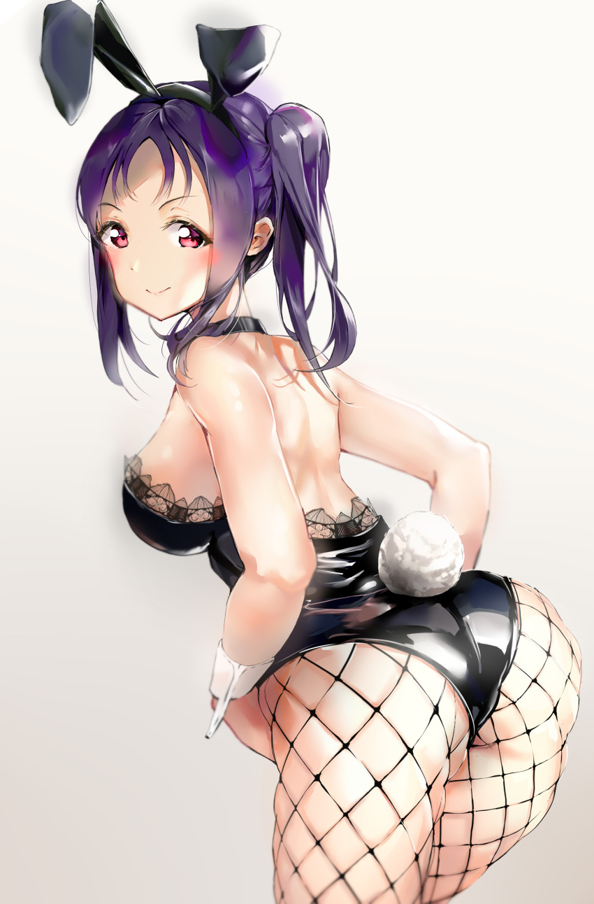 1girl absurdres animal_ears ascii_media_works ass bangs bare_back bare_shoulders black_leotard blush breasts bunny_tail bunnysuit bushiroad choker fishnets highres kazuno_sarah lace-trimmed_leotard large_breasts leotard looking_at_viewer looking_back love_live! love_live!_sunshine!! moe moshi_0208 parted_bangs purple_hair rabbit_ears red_eyes side_ponytail sideboob simple_background skindentation smile solo sunrise_(studio) tail thick_thighs thighs white_background wrist_cuffs