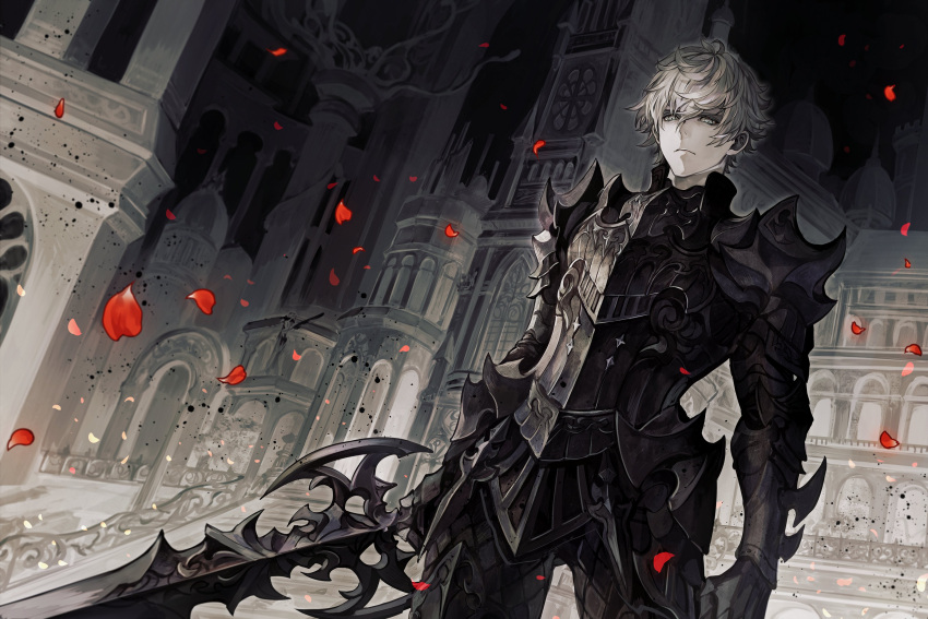 1boy absurdres armor dutch_angle highres holding holding_sword holding_weapon male_focus night original outdoors pauldrons petals senano-yu slit_pupils solo standing statue sword vambraces weapon white_eyes white_hair