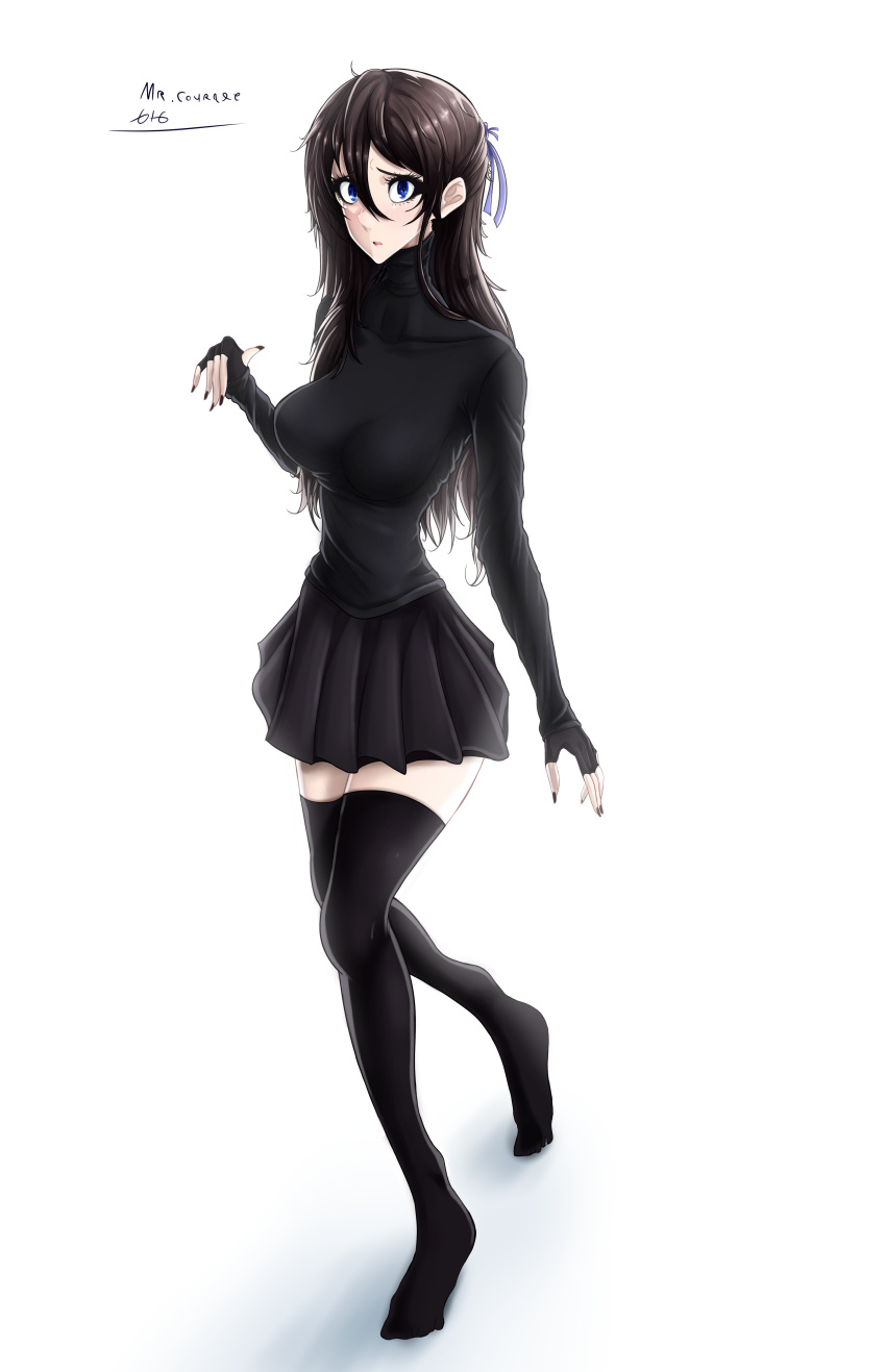 black_legwear black_nails black_skirt blue_eyes bow gloves large_breasts long_fingernails long_hair looking_at_viewer mr.courage616 ribbon self_upload simple_background thigh-highs thighs turtleneck turtleneck_sweater white_background