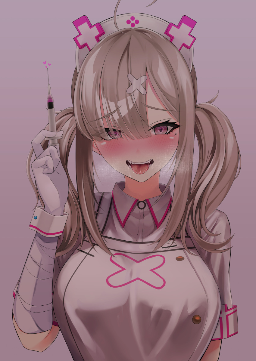 1girl absurdres ahoge aphrodisiac apron bangs blush breasts breath buttons dress gloves grey_background hair_ornament hair_over_one_eye hat heart heart-shaped_pupils highres holding holding_syringe large_breasts long_hair looking_at_viewer mole mole_under_eye nijisanji nurse nurse_cap open_mouth saliva sharp_teeth short_sleeves silver_hair simple_background smile solo sukoya_kana symbol-shaped_pupils syringe teeth tongue tongue_out toshise. twintails violet_eyes virtual_youtuber white_apron white_dress white_gloves wrist_cuffs x_hair_ornament