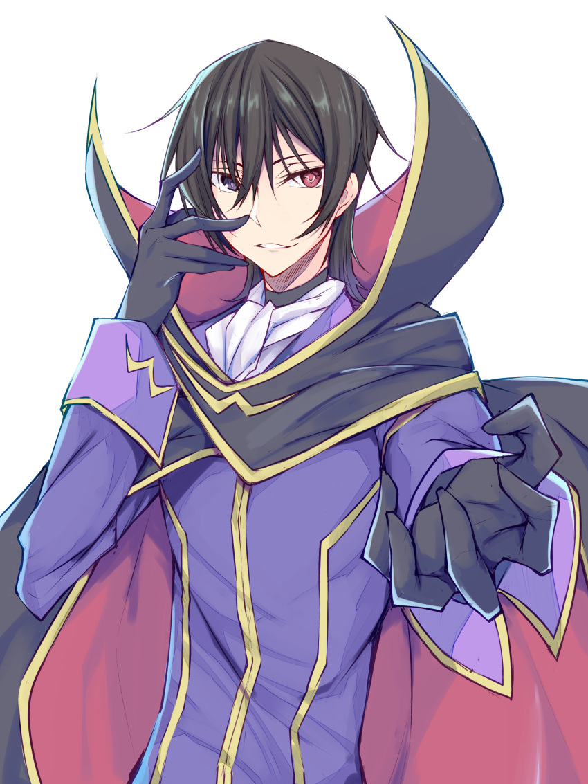 1boy absurdres black_cape black_eyes black_gloves black_hair blue_jacket cape code_geass commentary_request gloves hair_between_eyes highres jacket lelouch_lamperouge long_sleeves looking_at_viewer male_focus red_eyes short_hair simple_background smile suterii upper_body white_background